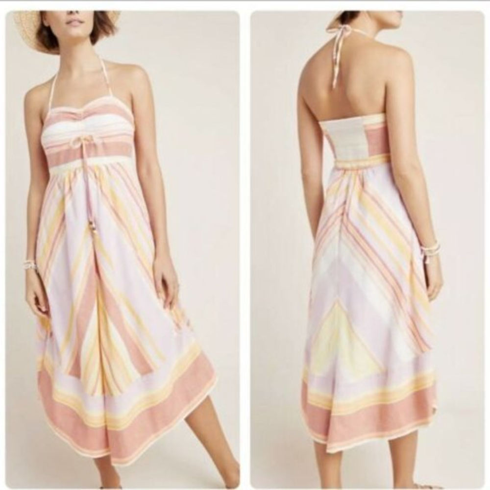 Anthropologie Eomens Savannah Chevron Stripe Halter Neck‎ Sun Cotton Dress Maxi